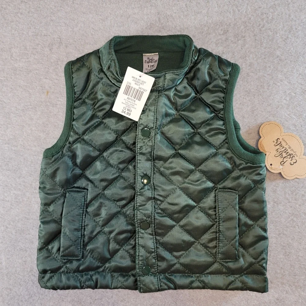 Baby Essentials Hunter Green Quilted Puffer Vest Infant 12M Snap Front Outerwear